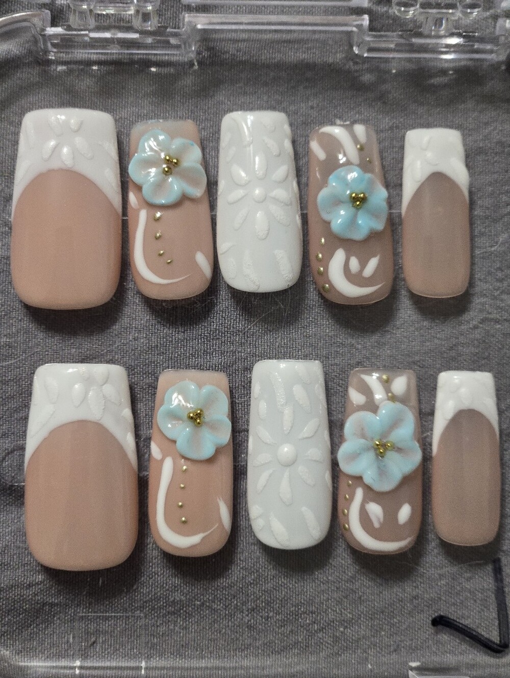Press-On Nail Set with 3D Blue Floral Accent Nude & White, Square Medium Length